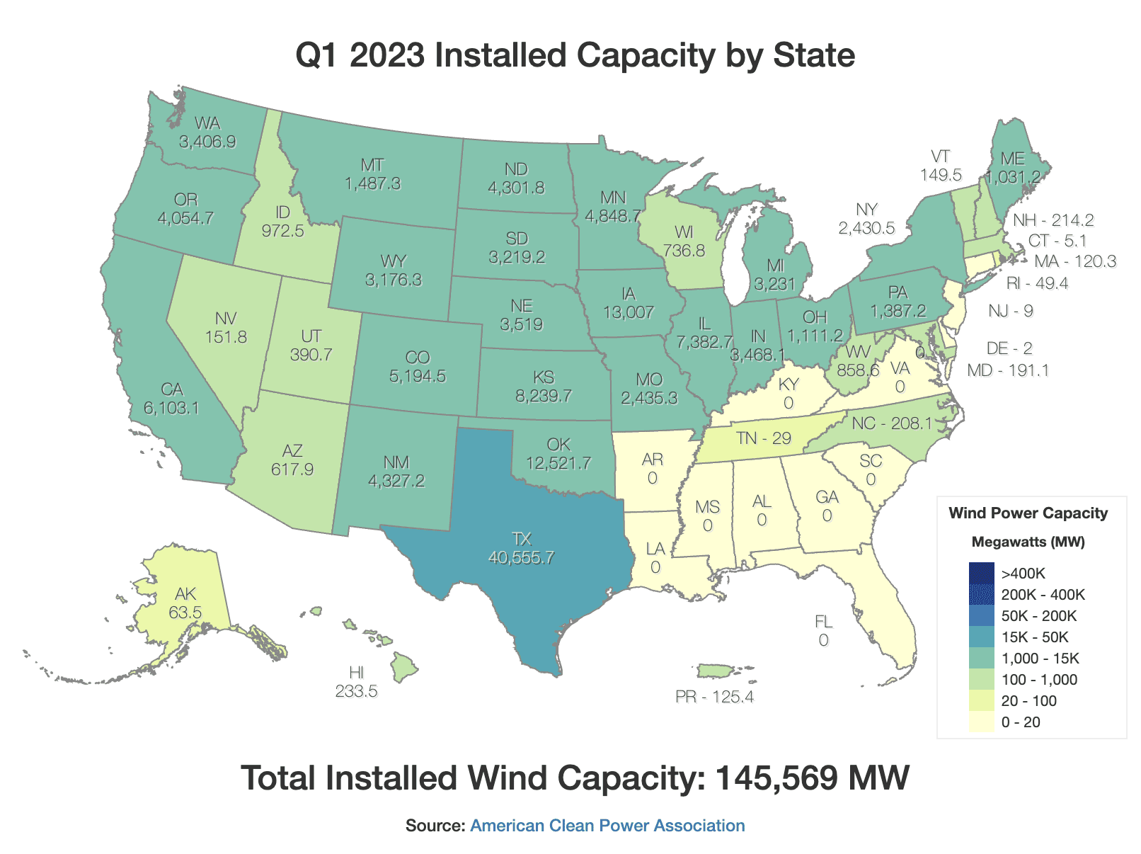 Map of the United States showing total installed wind capacity per state in 2023